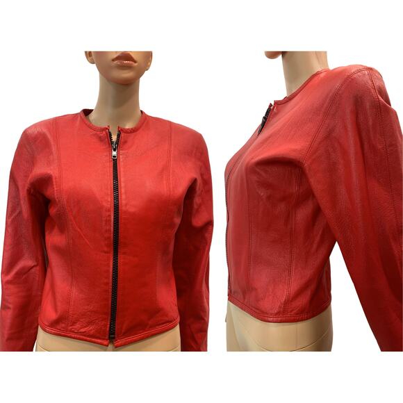 Vintage Red Leather Jacket Cropped 80s 90s CHIA Shoulder Pads | S - Picture 8 of 10